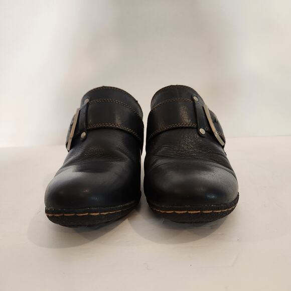 boc BORN CONCEPT Black Brown Leather Heeled Clog Buckle Detail Studded Womens 8 - Picture 6 of 12